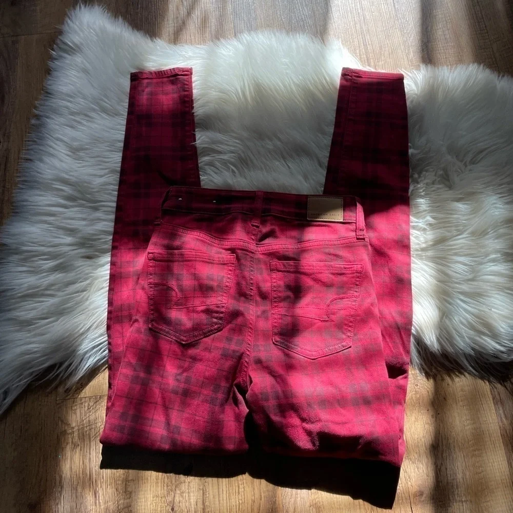 AMERICAN EAGLE Red Plaid High Rise Jeggings